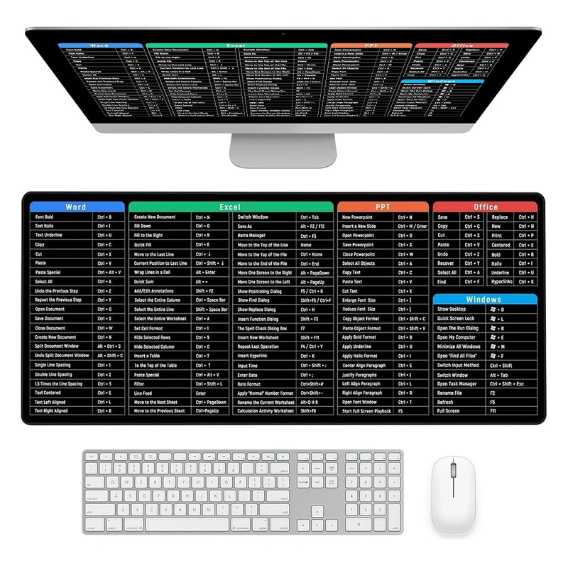 Lotvic Excel Shortcuts Mouse Mat, 90x40cm Excel Cheat Sheet Desk Mat, Multifunctional Large Gaming Mouse Pad, Clear Printing Non-Slip Big Mouse Mat for Laptop, Computer, Office, Home (90 x 40 cm)