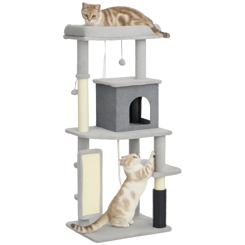 PawHut Cat Tree for Indoor Kittens, 132cm Cat Tower with Scratching Posts and Pad, Bed, House, Jumping Platform, Grooming Brush, Toy Balls, Anti-Tip Kit, Cat Climbing Frame, Light Grey