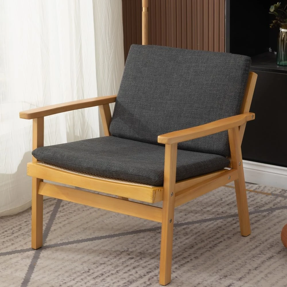 Wooden Accent Chair with PE Rattan Look, Single Padded Seat Lounge Armchair, Leisure Comfy Occasional Reading Armchair Side Dining Chairs (Natural, with dark grey seating pad and back)