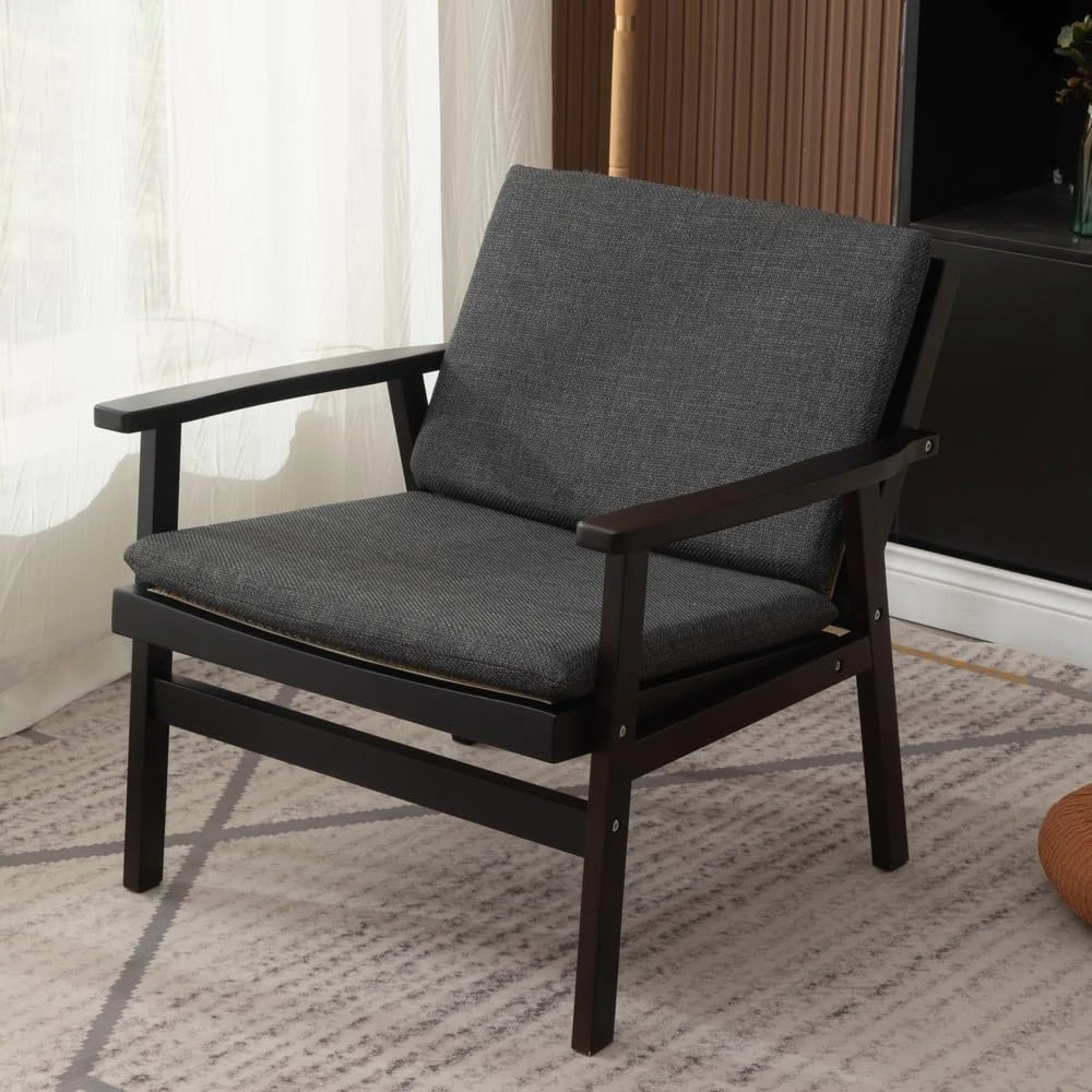 Wooden Accent Chair with PE Rattan Look, Single Padded Seat Lounge Armchair, Leisure Comfy Occasional Reading Armchair Side Dining Chairs (Walnut, with dark grey seating pad and back)