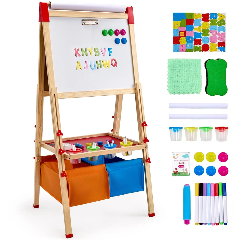 VEVOR Art Easel for Kids, 3-in-1 Wooden Double-Sided Kid's Art Easel with Magnetic Whiteboard, Chalkboard, Paper Roll, Adjustable Standing Drawing Board with Painting Accessories, Storage for Boy Girl