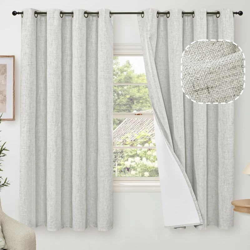 60 Inch Wide Linen Blackout Curtains for Bedroom 63 Inch Length 2 Panels, Total Black Out Thermal Insulated Energy Efficiency Grommet Boho Window Drapes White Liner for Modern Farmhouse, Light Grey