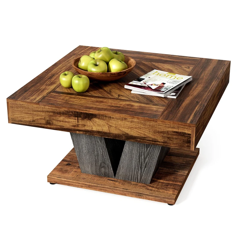 LITTLE TREE Square Coffee Table, Modern Rustic Coffee Table for Living Room, Wooden Table with Adjustable Feet, Brown
