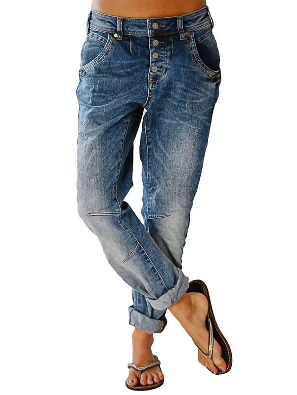 Flamingals Women's Stretchy Straight Leg Casual Low Rise Jeans Wash Button Fly Stitch Detail 90s Trendy Denim Jeans, Mid Blue, M - Image 1