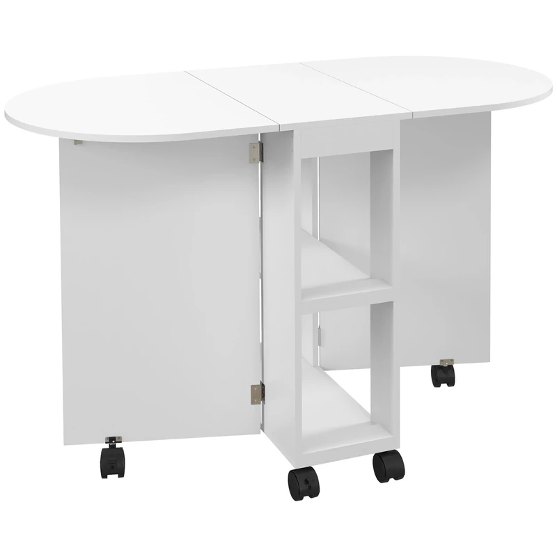 HOMCOM Mobile Folding Dining Table, Drop Leaf Table for Small Spaces with 2-tier Shelves, Small Kitchen Table With 6 Wheels, White