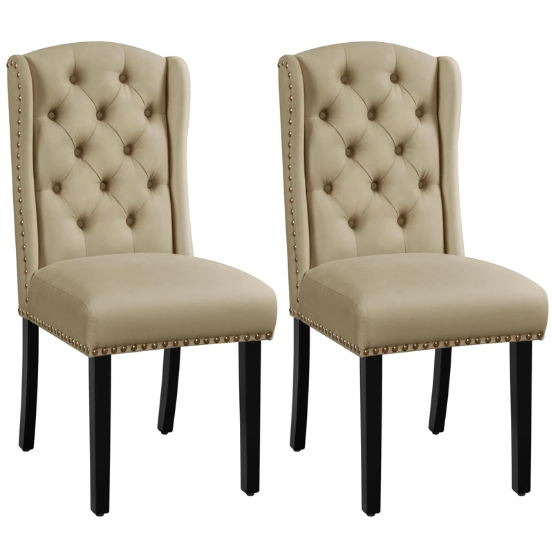 Yaheetech Upholstered Fabric Dining Room Chairs Set of 2 Button Tufted Kithcen Chairs with Wooden Legs and Nailhead Trims, Khaki