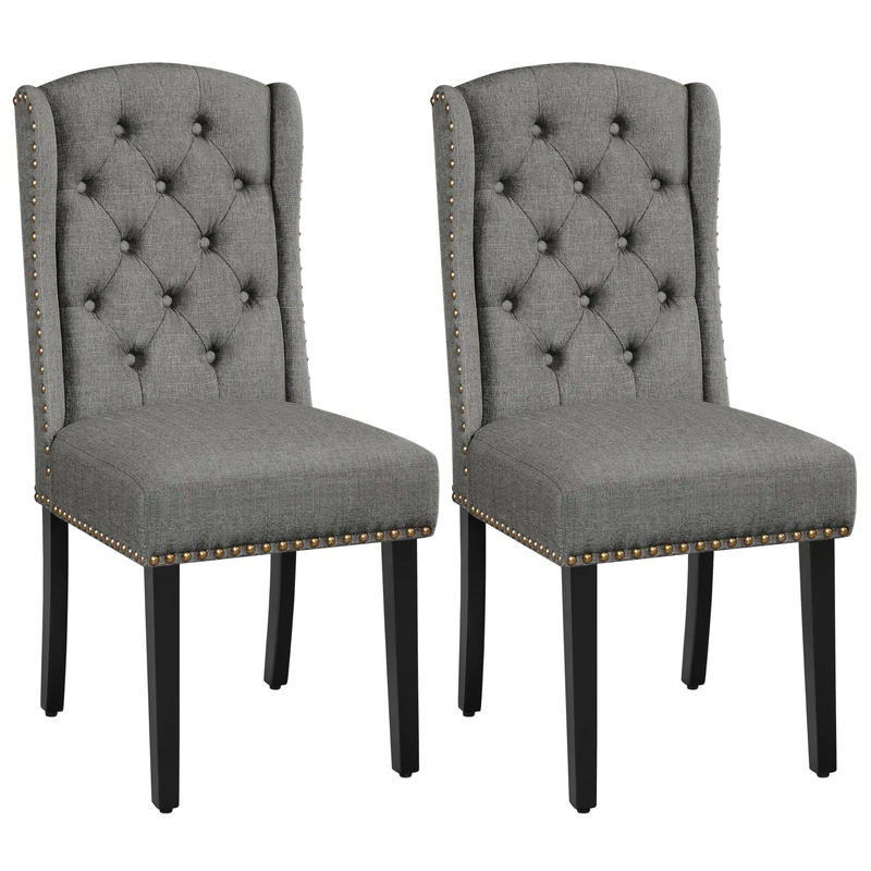 Yaheetech Fabric Upholstered Dining Room Chairs Set of 2 Button Tufted Kithcen Chairs with Wooden Legs and Nailhead Trims, Light Grey