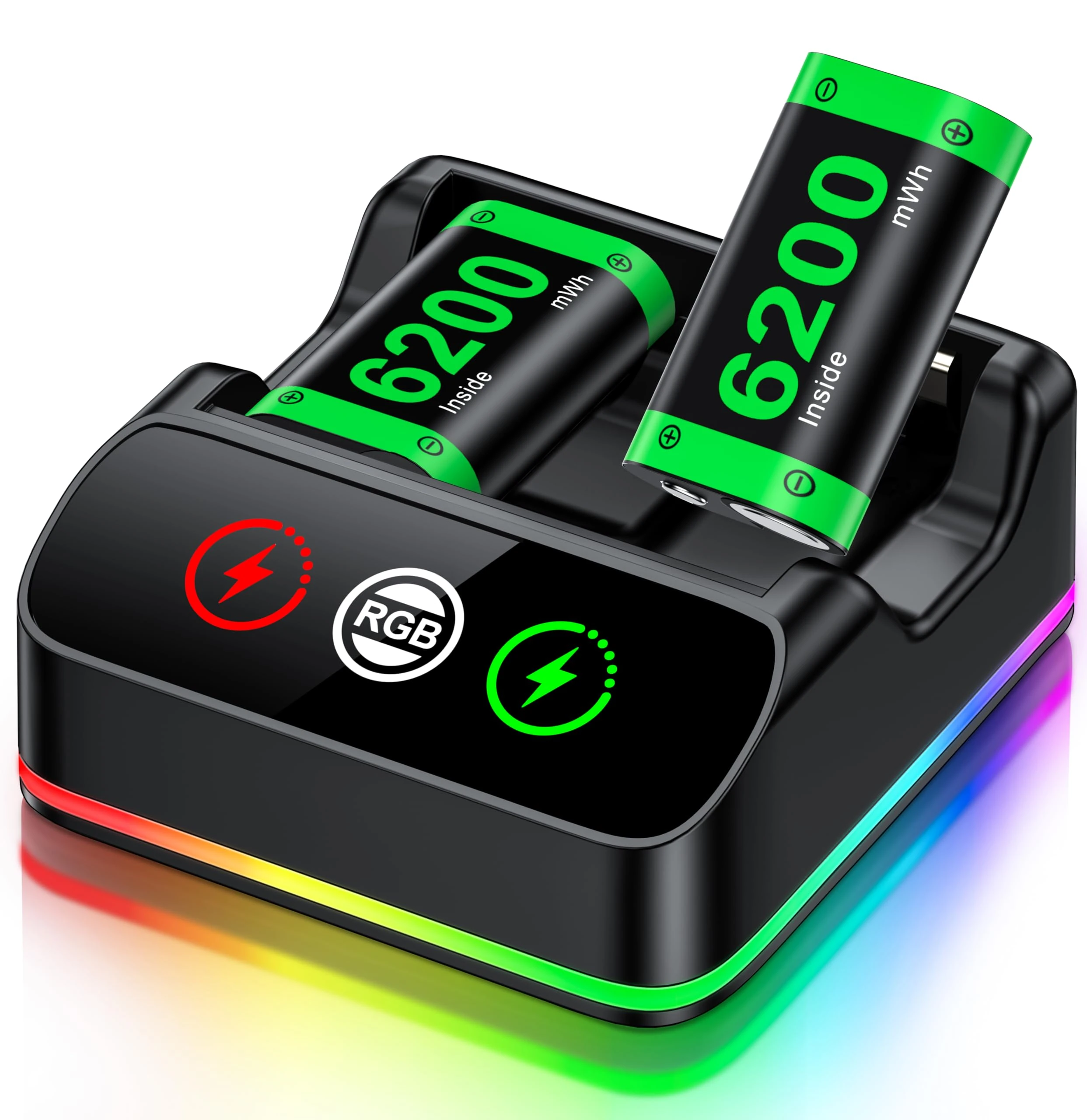 HELLCOOL Xbox Controller Battery Pack, 2x6200mWh Rechargeable, Compatible with Xbox Series X|S, One, One Elite, S|X, USB Type C, Green, Minimalist Style