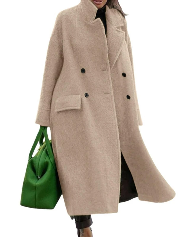CHARTOU Women Oversized Long Winter Coats Warm Wool Blend Pea Trench Coat Overcoat, Apricot, Small