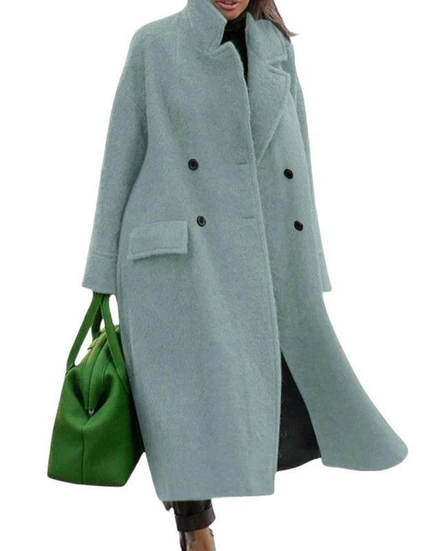 CHARTOU Women Oversized Long Winter Coats Warm Wool Blend Pea Trench Coat Overcoat, Lake Blue, Large