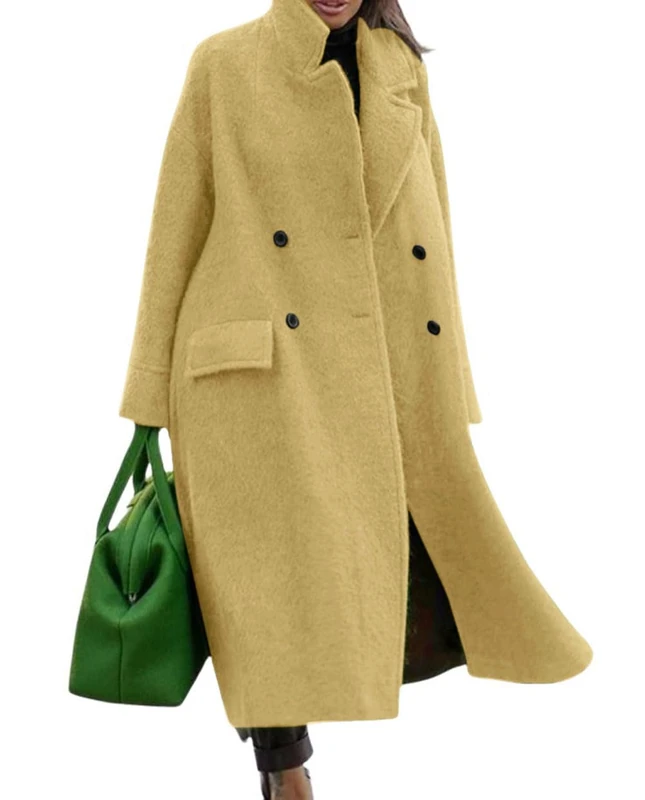 CHARTOU Women Oversized Long Winter Coats Warm Wool Blend Pea Trench Coat Overcoat, Yellow, Medium