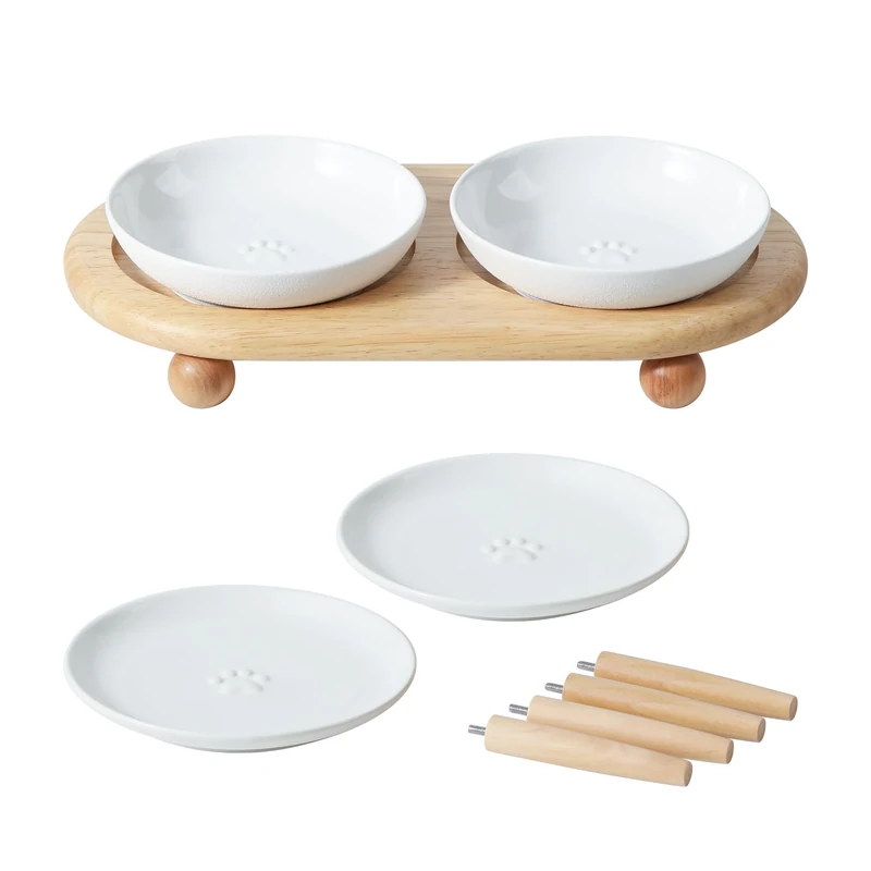 Havniva Raised Ceramics Elevated Cat Bowl, 2 Food and Water Bowls, with 2 Adjustable Stands, Anti-Choking Anti-Fatigue, White