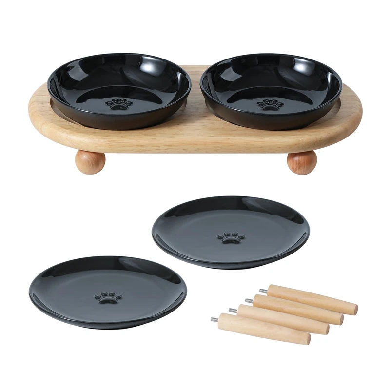 Havniva Raised Ceramics Elevated Cat Bowl, 2 Food and Water Bowls, with 2 Adjustable Stands, Anti-Choking Anti-Fatigue, Black
