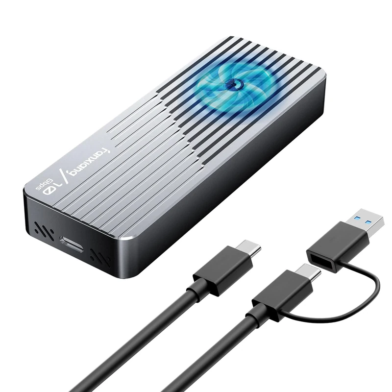 fanxiang M.2 NVMe Enclosure, With Built-in Cooling Fan System SSD Enclosure, USB 3.2 Gen2 10Gbps, Up to 4TB M Key/B+M Key, With USB C to C and USB A to C Cables for 2230/2242/2280—MD85