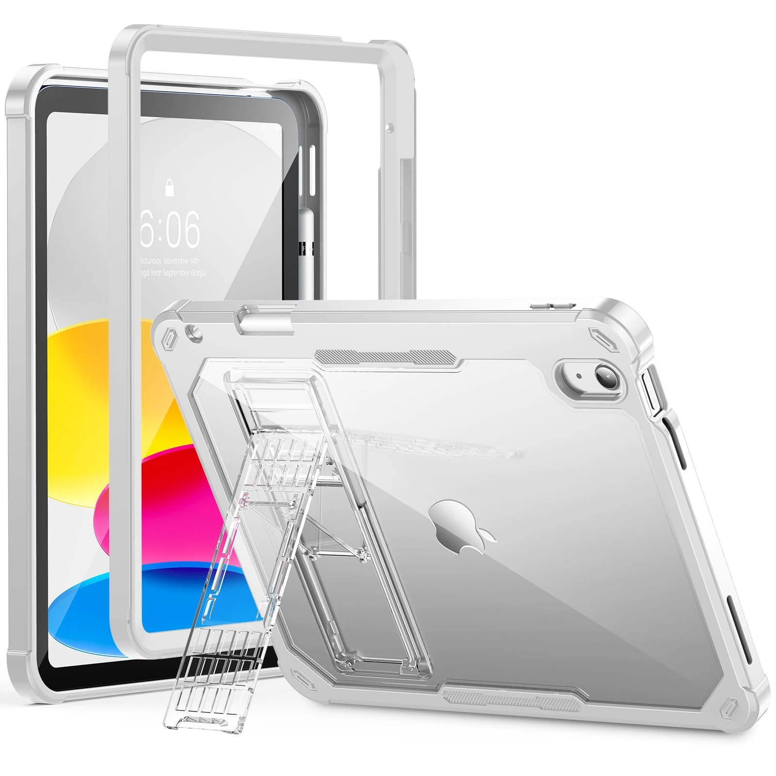 INFILAND Kids Case for iPad A16 11 inch 11th Generation,iPad 10th Generation Case 10.9 Inch, Heavy Duty Shockproof Protective Cover with Stand, Glitter Clear Cute Shell for Girls, Women (Solid Silver)