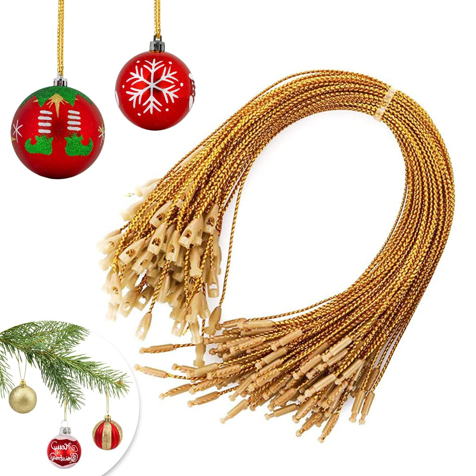 100 PCS Christmas Gold Twine String Thread Twist Ties, Tinsel Craft Making Cord for Hanging Ornaments, Xmas Baubles, Christmas Tree Ribbon DIY Craft Gift String Snap Fasteners