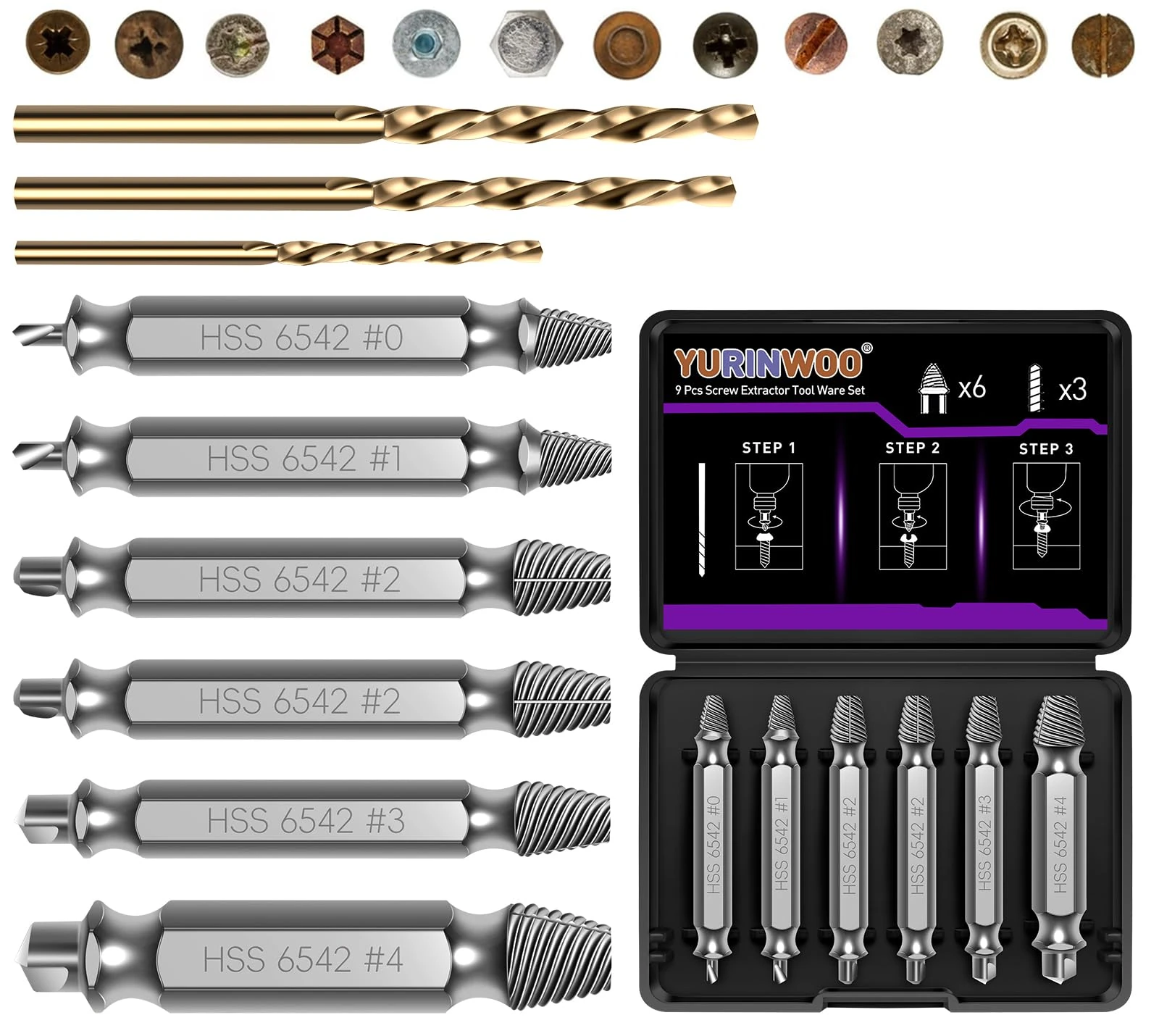 9PCS Damaged Screw Extractor Set, Hardness 63-65HRC, Upgraded Model HSS 6542, Removal Tool, Adult Gifts for Men, General Bit Set Double Ended for Damaged Broken Stripped Screws