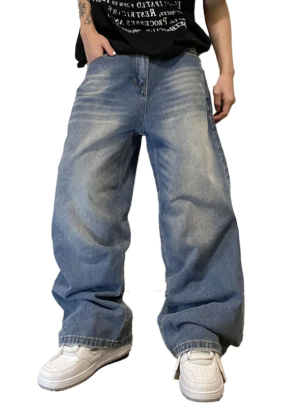 DFGIGT Mens Streetwear Hip Hop Baggy Jeans Wide Leg Skater Denim Pants Loose Long Trousers, B12 Blue, Medium