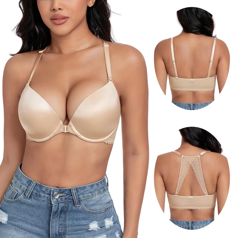 DotVol Women's Plunge Underwire Front Closure Push Up Bra Convertible Bohemian Back Everyday Bra(Beige, 36DD)