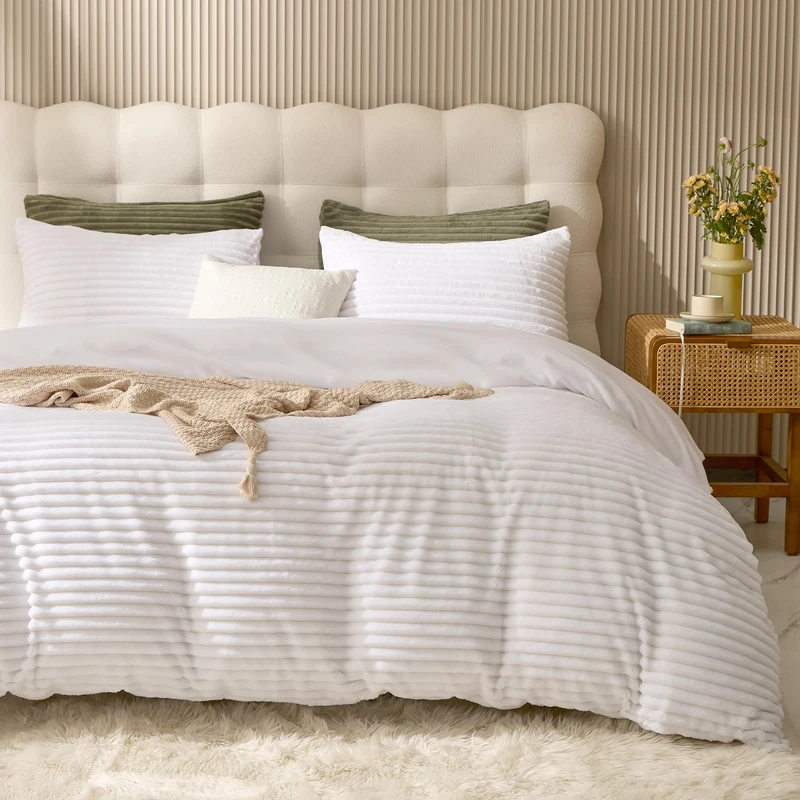 JELLYMONI Plush Duvet Cover Set - King Size Beige Striped Fluffy Comforter Cover 3pcs Bedding Set Luxury Ultra Soft Faux Fur Duvet Cover with Zipper and 2 Pillowcases (NO Comforter)