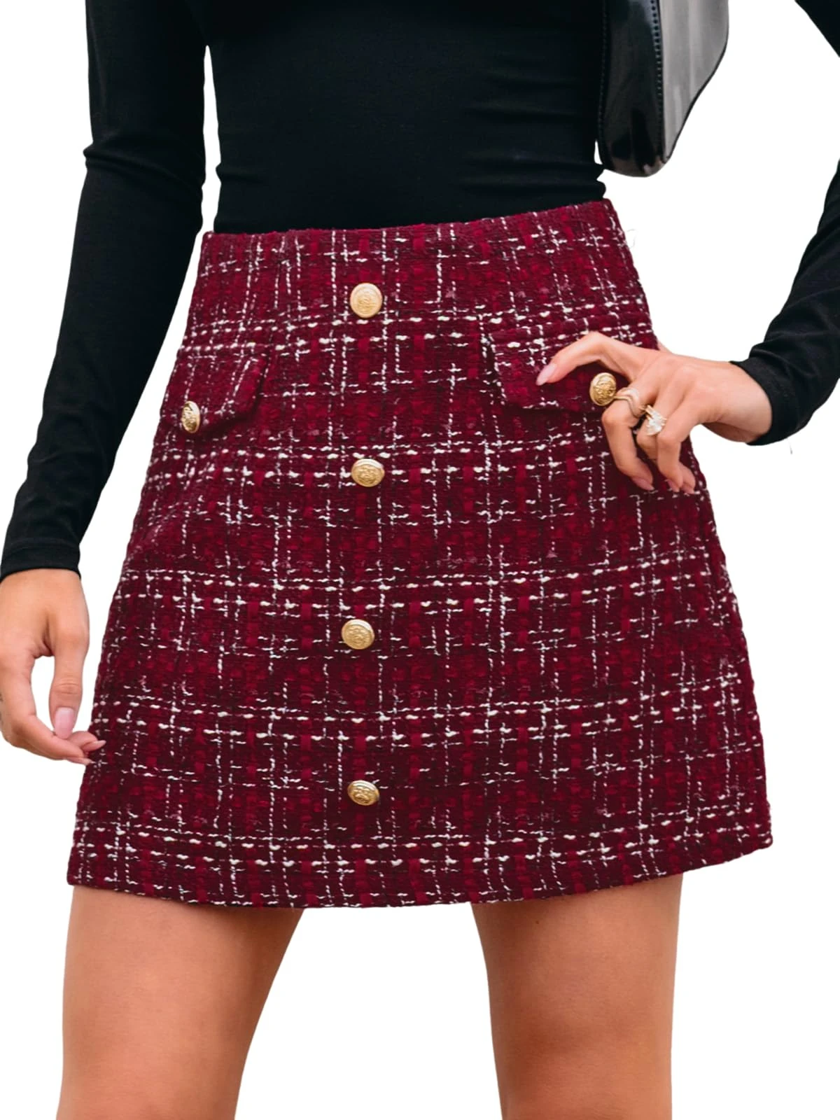 CUPSHE Women's High Waist Buttons Tweed Checked Mini Skirt, claret, S