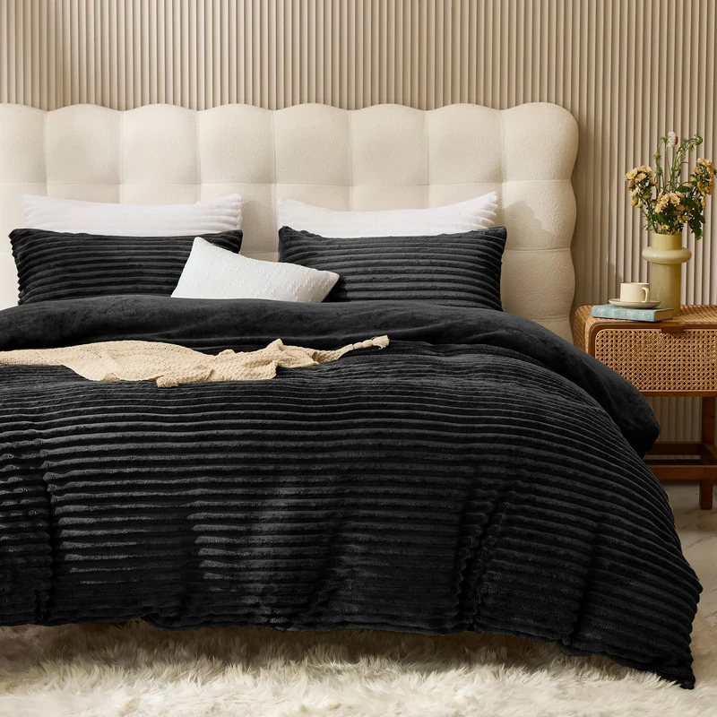JELLYMONI Plush Duvet Cover Set - King Size Black Striped Fluffy Comforter Cover 3pcs Bedding Set Luxury Ultra Soft Faux Fur Duvet Cover with Zipper and 2 Pillowcases (NO Comforter)