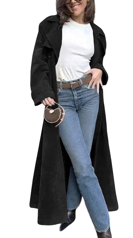 utcoco Womens Faux Suede Long Trench Coat Notched Lapel Double Breasted Pea Coat Overcoat with Belt, Black, Small