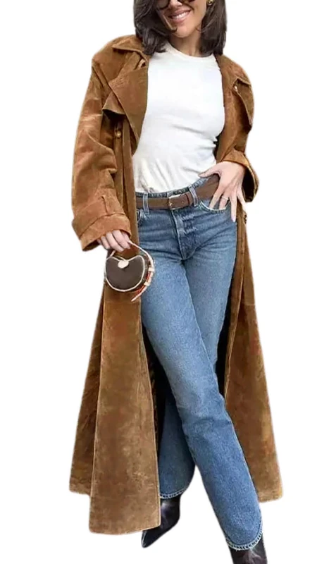 utcoco Womens Faux Suede Long Trench Coat Notched Lapel Double Breasted Pea Coat Overcoat with Belt, Camel, X-Large
