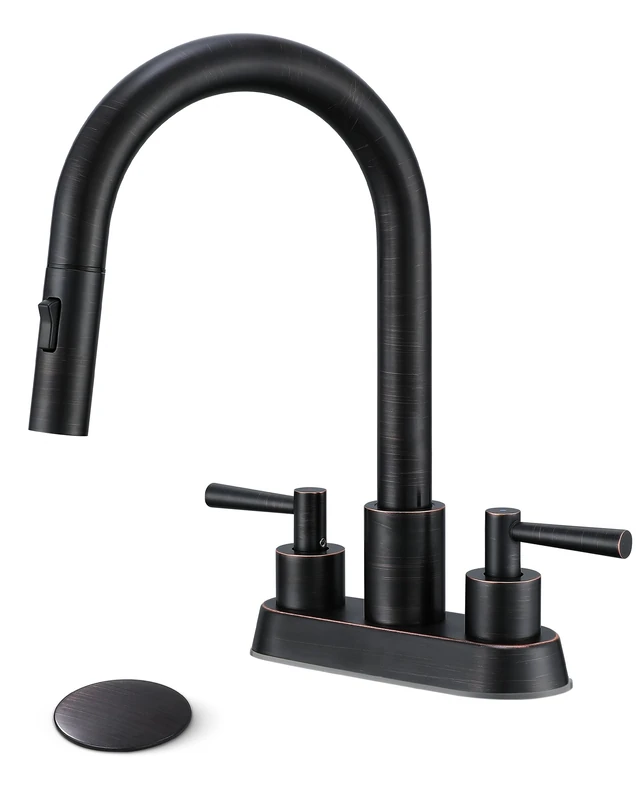 FELIXBATH Bathroom Faucet with Pull Spray, 3 Hole Oil Rubbed Bronze Bathroom Faucet Bathroom Sink Faucet with 2 Handles with 360 Degree Swivel Spout, Set of