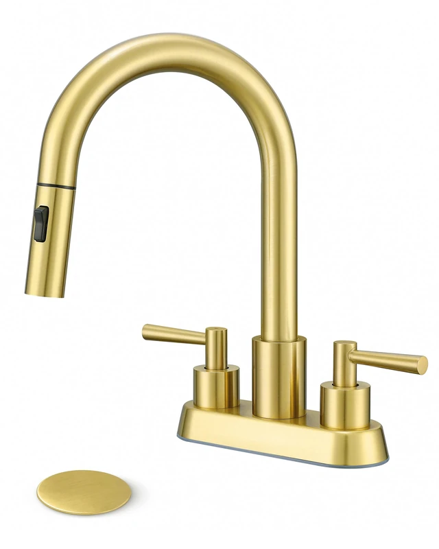 FELIXBATH Bathroom Faucet with Pull Down Sprayer Brushed Gold Bathroom Faucet 3 Holes 2 Handle Basin Faucet with 360 Degree Rotating Spout Pop Up Drain Assembly