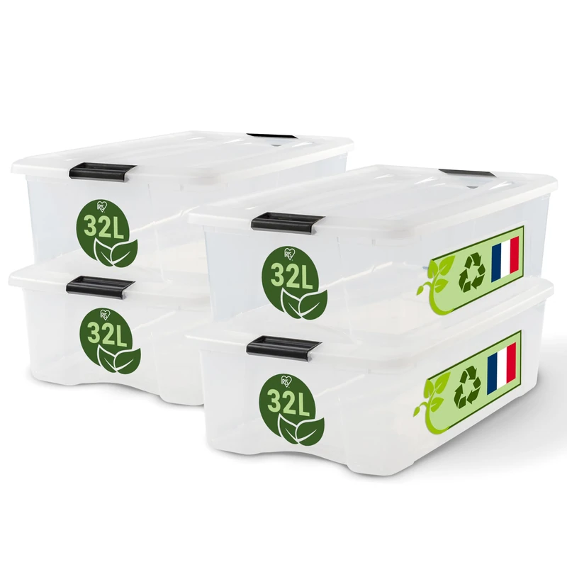 Iris Ohyama Storage Boxes with Lids, 32L, Set of 4, Clear, Secure Buckles, Stackable, Pull-Handles, For Bedroom, Closet, Office, Organisation, BPA Free Plastic, Clothes Tote, BSB-32
