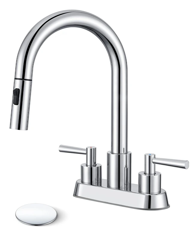 FELIXBATH Bathroom Faucet with Pull Down Sprayer Chrome Plated 3 Holes 2 Handle Bathroom Sink Faucet with 360 Degree Rotating Spout Pop Up Drain Assembly Included