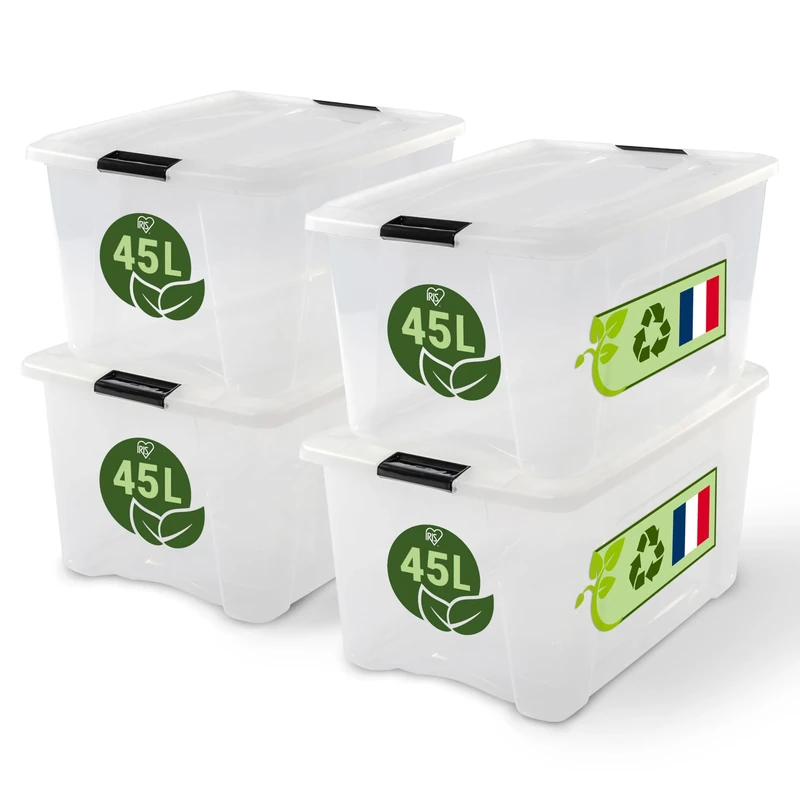 Iris Ohyama Storage Boxes with Lids, 45L, Set of 4, Clear, Secure Buckles, Stackable, Pull-Handles, For Bedroom, Closet, Office, Organisation, BPA Free Plastic, Clothes Tote, BSB-45