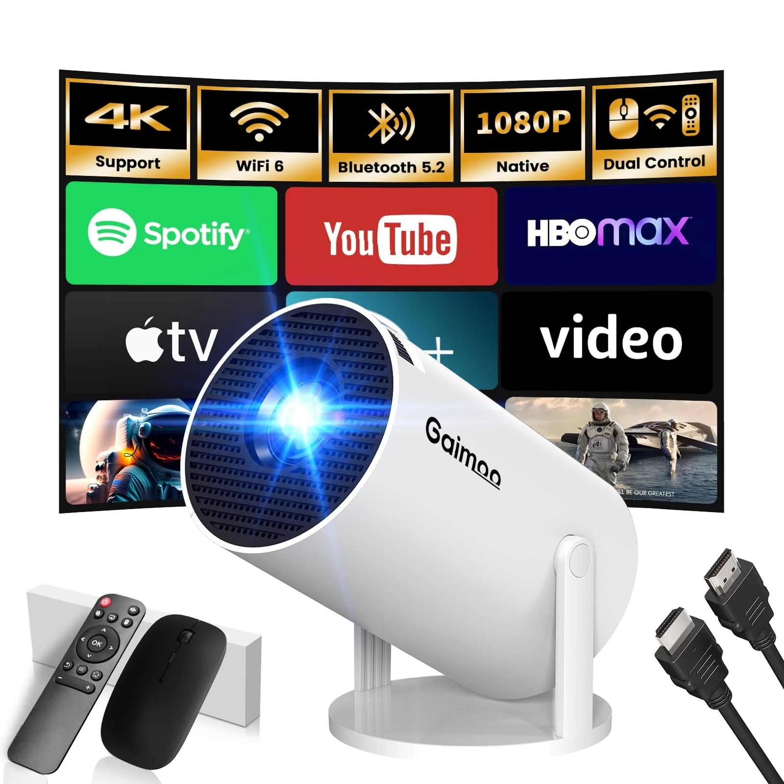 [2025 Model & Built-in Apps] Mini Projector 1080P FHD 4K Support Portable Projector with WiFi and Bluetooth 180° Adjustable Auto Keystone Compatible with TV Stick/Memory Stick/USB/Laptop, White