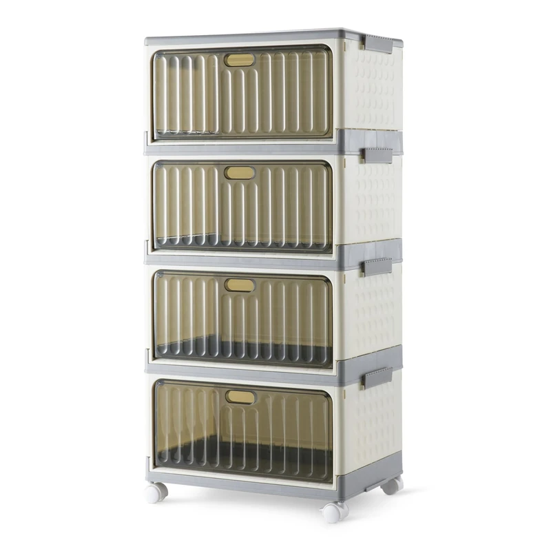 Amazon Basics 4-Tier Stackable Storage Bins with Wheels, 21.7L per Tier, Collapsible Containers with Lids, 82.6 x 39.1 x 27.2 cm, Grey/Beige