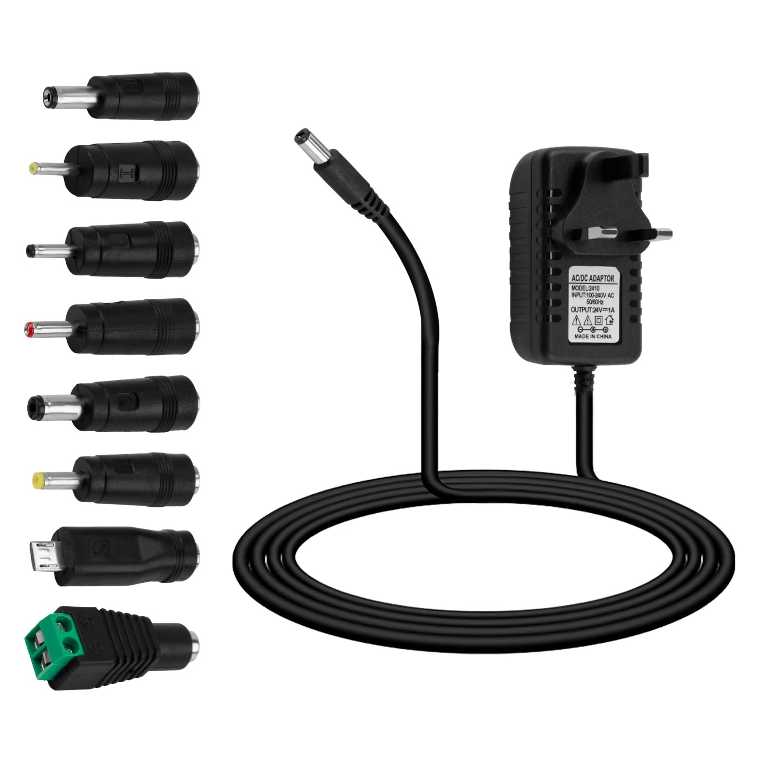 24V 1A Power Supply 24 Volt AC to DC Power Adapter with Multiple Heads DC Plug Universal Charger for Massage Gun Led Strip Light CCTV Camera Router Sound Bar Nail Lamp Electronics