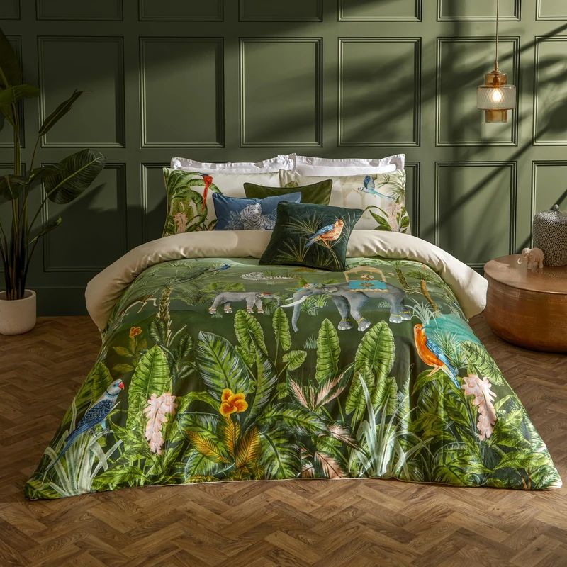 Paoletti Odisha Duvet Cover Set – Reversible Botanical Exotic Elephant Piped Edge Luxury Bedding (Jungle – Double)