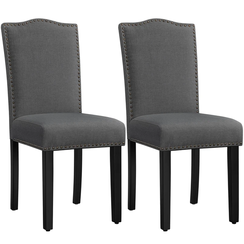 Yaheetech Upholstered Dining Chairs Set of 2 High Back Fabric Chairs with Nailhead Trim for Kitchen, Dining Room, Dark Grey