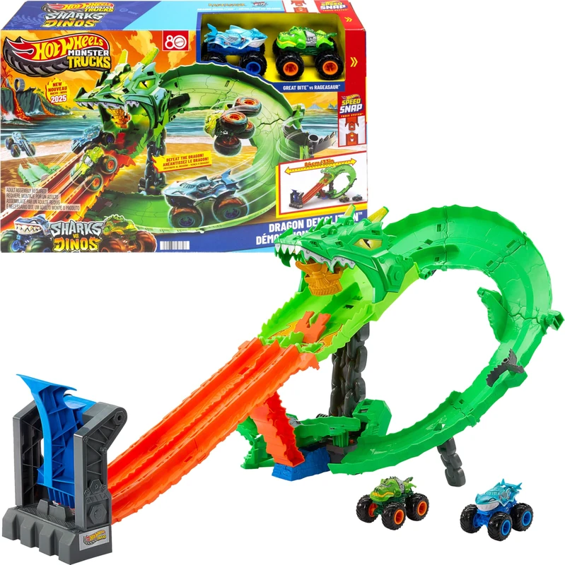 Hot Wheels Toy Monster Trucks, Sharks vs. Dinos Dragon Destruction Playset with 1:64 Scale Great Bite & Rageasaur, Race to Defeat the Cyborg Nemesis, JGB06