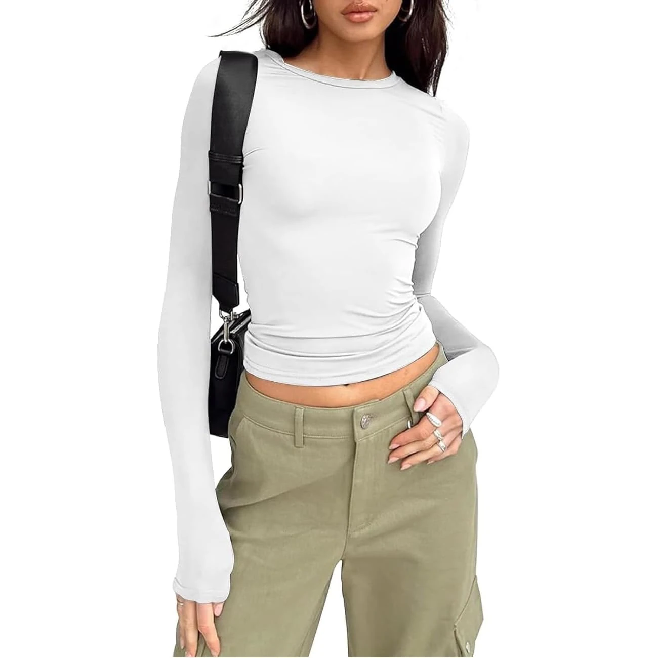 Flintronic Women's Long Sleeve Scoop Neck Slim Fitted T-Shirt - Aesthetic Streetwear - White/M