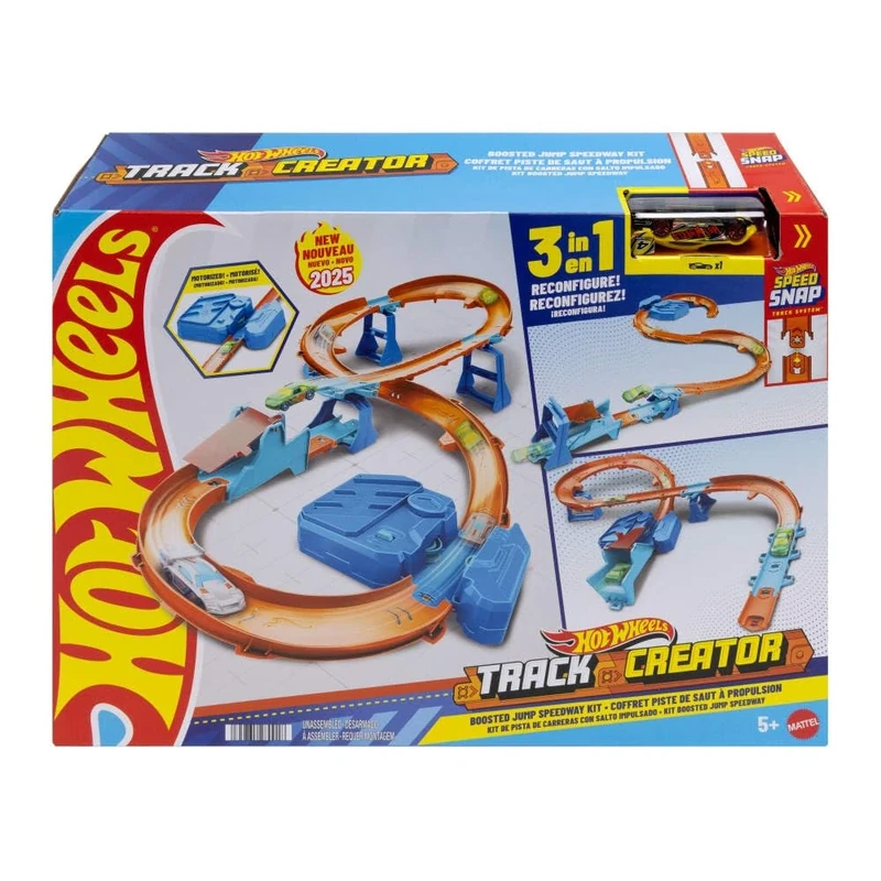 Hot Wheels Toy Car Track Set, Deluxe Building Box with Motorized Booster, 1:64 Scale Vehicle, Speed Snap Track, Boosted Jump Speedway, JDB49