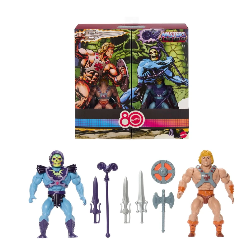 Masters of the Universe Origins Retro 2-Pack He-Man and Skeletor, 80th Anniversary Mattel, Twist & Punch Motion, 5 Inch Figures & Accessories, JFX04