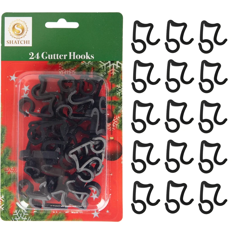 24Pcs Black Gutter Hooks for Outdoor Hanging Christmas Icicle String Lights, Rope Lights Decorations –UV-Protected, Weatherproof, Reusable Clips