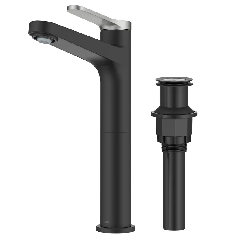 Kraus Indy Bathroom Faucet for Vessel Sink in Spot-Free Brushed Nickel/Matte Black with Single Handle, Pop Up Drain and Supply Lines, KVF-1410SFBNMB