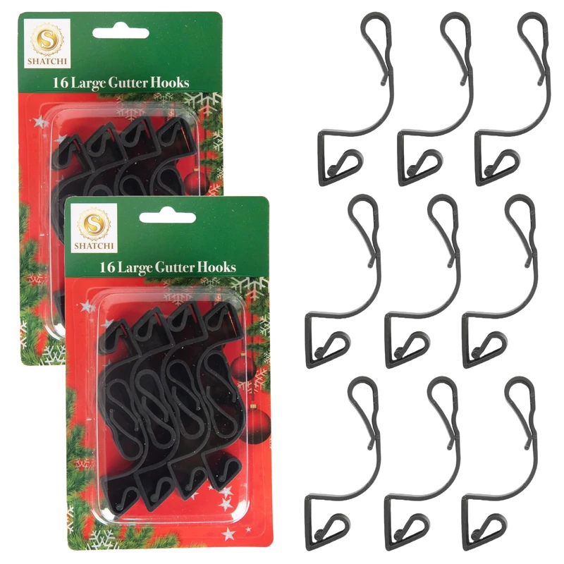 32Pcs Giant Black Gutter Hooks for Outdoor Hanging Christmas String Lights, Rope Lights Decorations –UV-Protected, Weatherproof, Reusable Clips