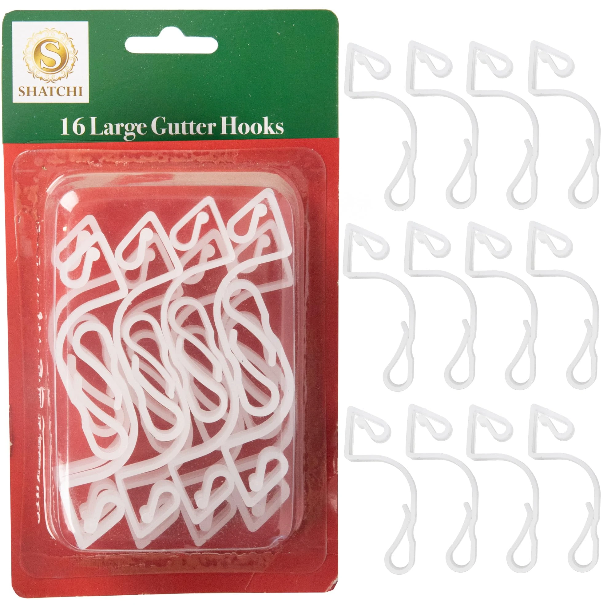 SHATCHI 16Pcs Giant Clear Gutter Hooks for Outdoor Hanging Christmas String, Rope Lights Decorations –UV-Protected, Weatherproof, Reusable Clips, Pack of 16