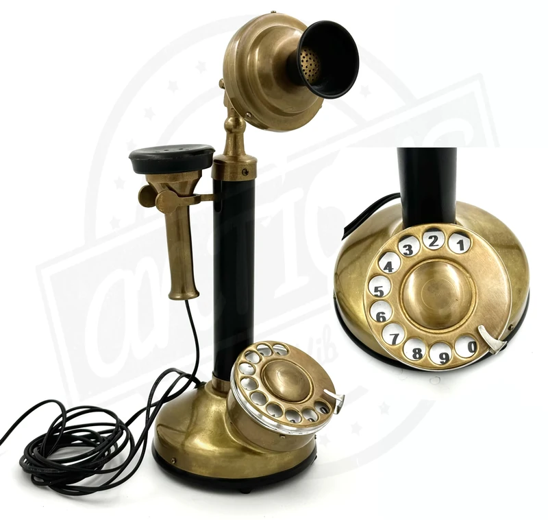 Antique-Style Brass & Black Candlestick Telephone, Rotary Dial Retro Phone for Home-Office Decor