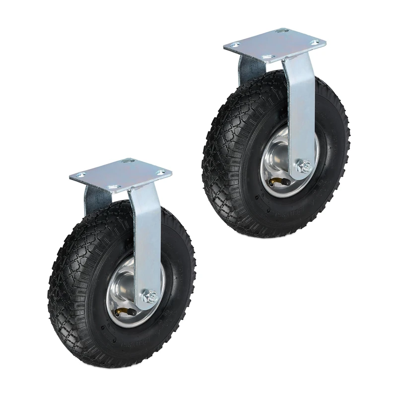 Relaxdays Pneumatic Fixed Castor, 3.00-4, Load 120 kg, Rubber, Steel Plate, Air-Filled, Heavy-Duty Wheel, Black/Silver, 29 x 26 x 13.5 cm