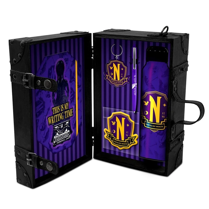 Pyramid International Wednesday Ravens Premium Trunk Gift Set – Gothic-Style Gift with Keyring, Pen, Insulated Bottle, A5 Notebook & Postcard Set for Wednesday Fans