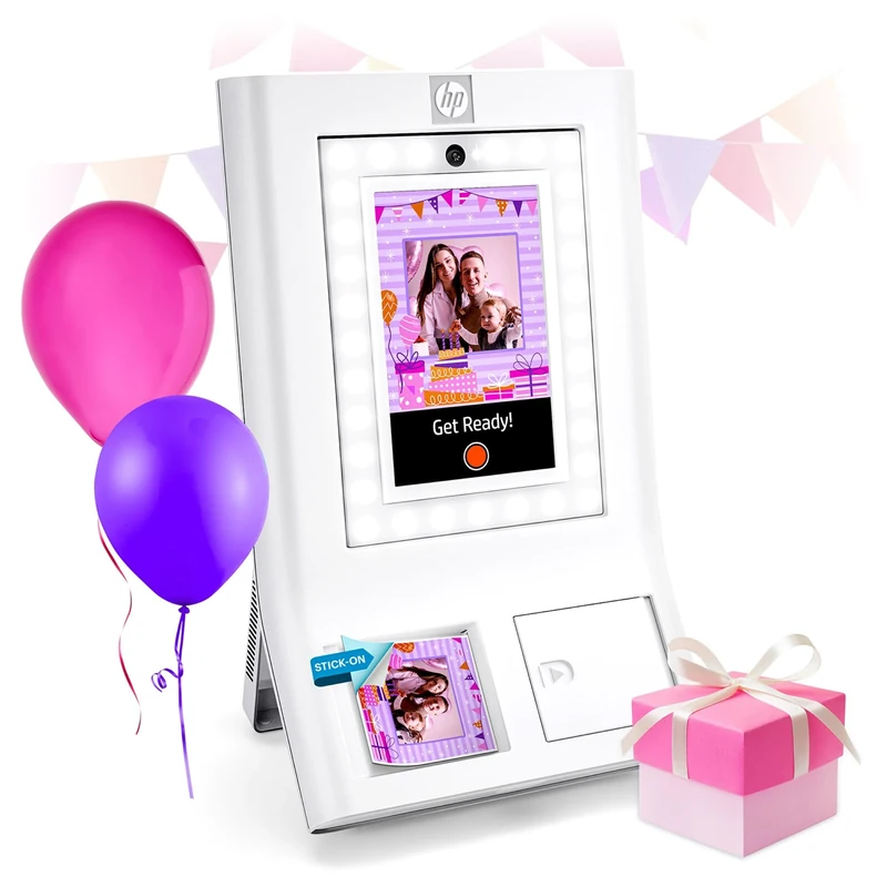 HP Sprocket Photo Booth Machine Instant Color Photo Printer - 10.1" Touchscreen, LED Ring Light - Customize w/250+ Fun Frames, Prints on 3x4 Zink Paper or Share via QR Code, Mobile Notify App - White